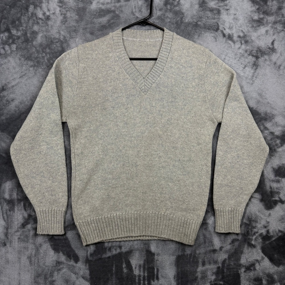 V-Neck Sweater Mens Large Grey Heathered Knit Pullover Long Sleeve